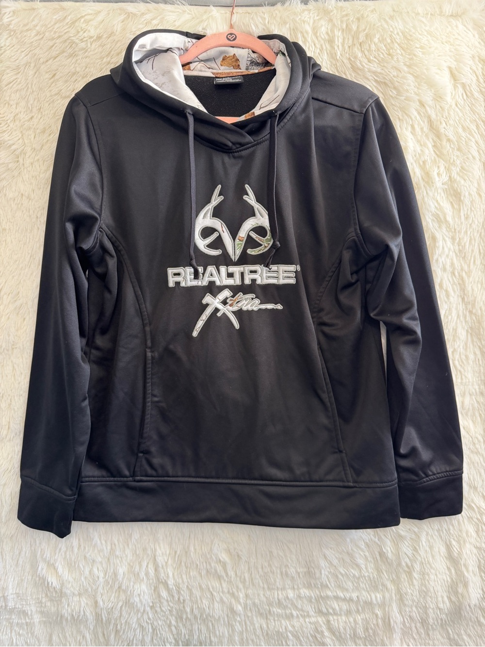 Realtree Xtra Womens Pullover Hoodie Size L Black Camo Hunting Fishing READ